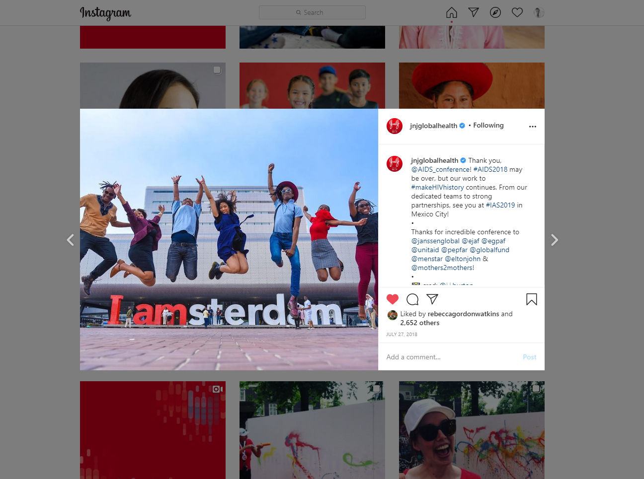 Johnson & Johnson Global Health Instagram post from the AIDS 2018 conference featuring Jonathan's photograph